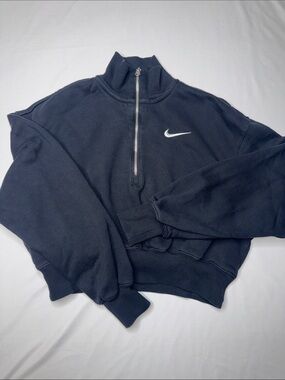 Nike Womens Quarter Zip Fleece Pullover XS Black Mini Swoosh Cozy Casual